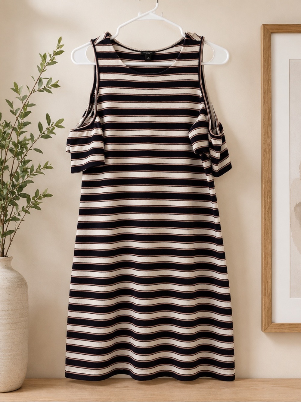 Ann Taylor Petite Striped Cold Shoulder Dress SP Navy Pink Shift Dress